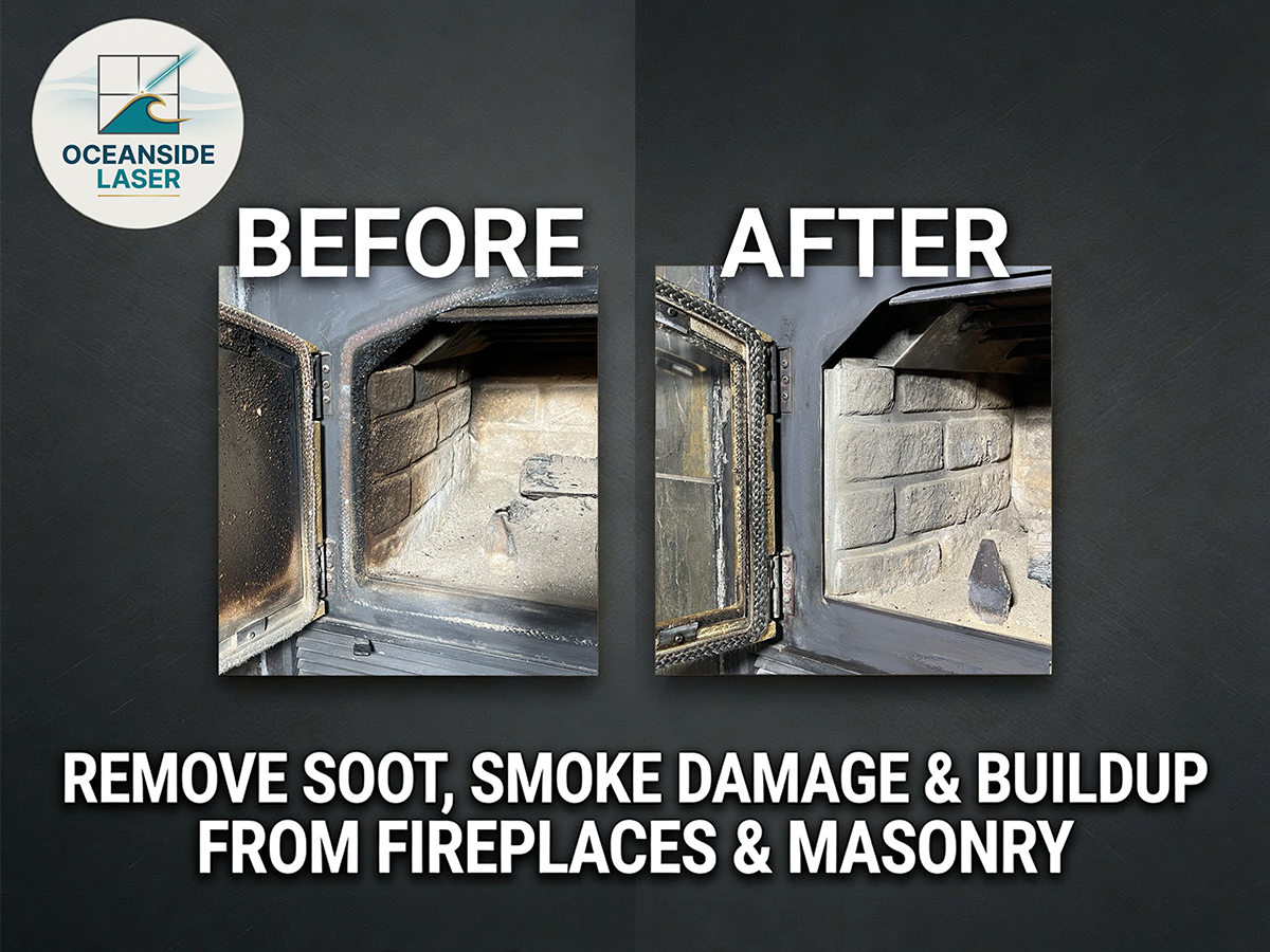 Before and after laser cleaning of smoke damage on a brick fireplace and masonry surround, Vancouver Island