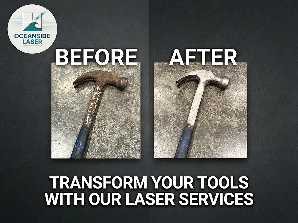 Before and after laser cleaning of rust, oil, and corrosion on metal tools and hardware, Vancouver Island