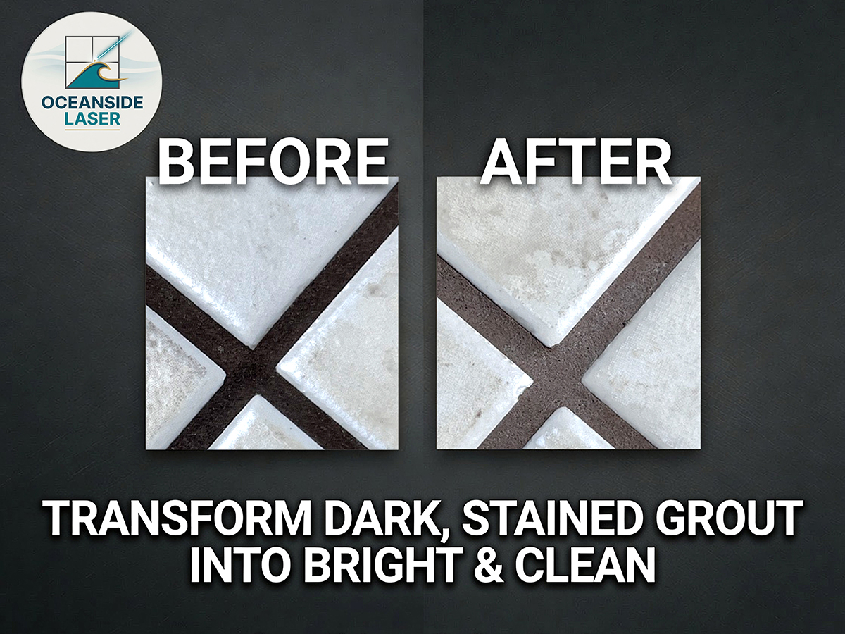 Before and after laser grout cleaning on stained tile floors — kitchens, bathrooms, and entryways, Vancouver Island
