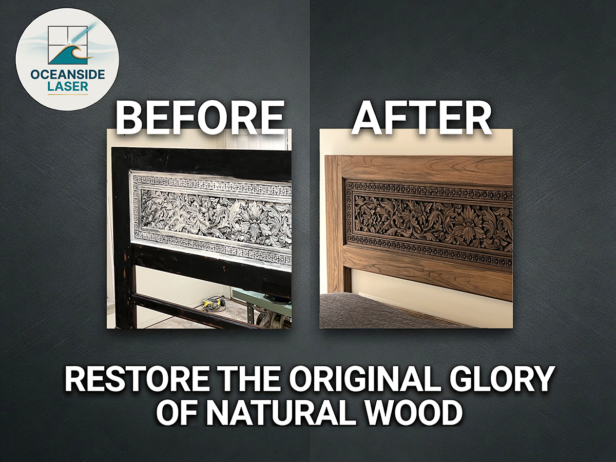 Before and after laser wood restoration — paint and finish removed from a headboard without sanding, Vancouver Island
